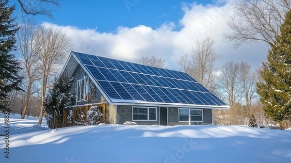 Fototapeta House with solar panels on roof covered in snow on a bright winter day scene