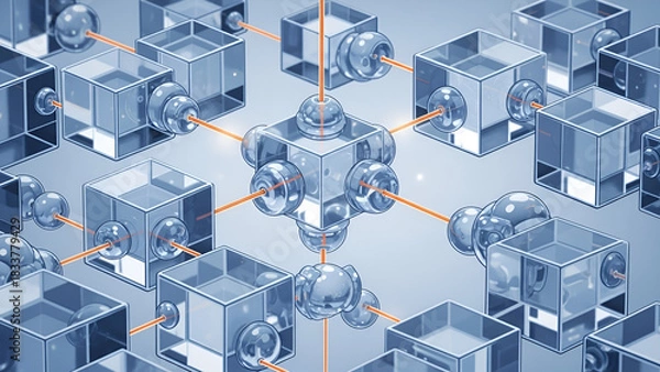 Fototapeta Interconnected cubes represent a blockchain network, symbolizing secure data and decentralized technology for modern digital infrastructure