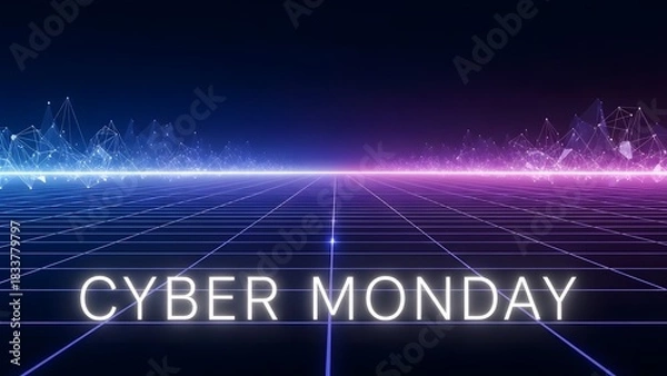 Obraz Cyber Monday text on a futuristic digital grid landscape with neon lights and abstract waves.