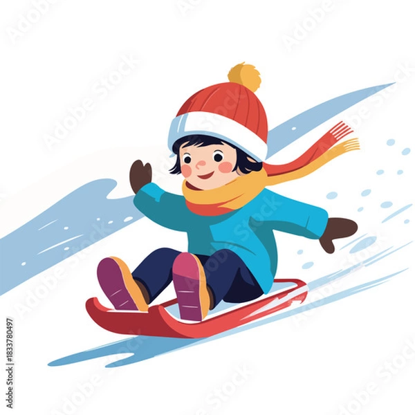 Obraz a child character wearing a beanie and scarf sledding down snowy hills