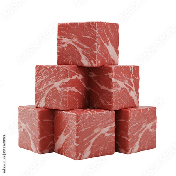 Fototapeta Pyramid of Raw Meat Cubes Isolated Against Black Background Texture