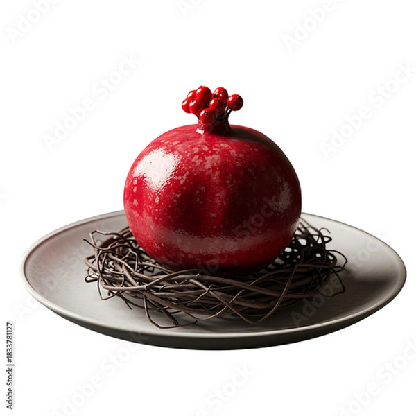 Fototapeta Red Pomegranate Fruit on a Decorative Nest on Plate isolated