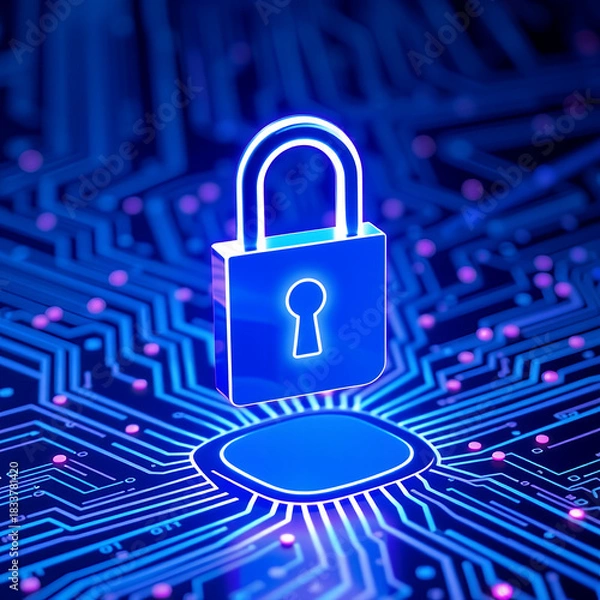 Fototapeta Digital padlock glowing on a futuristic blue circuit board representing cybersecurity