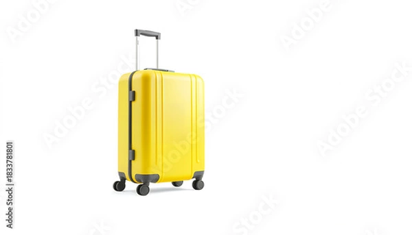 Fototapeta Bright yellow rolling suitcase with telescopic handle on white background