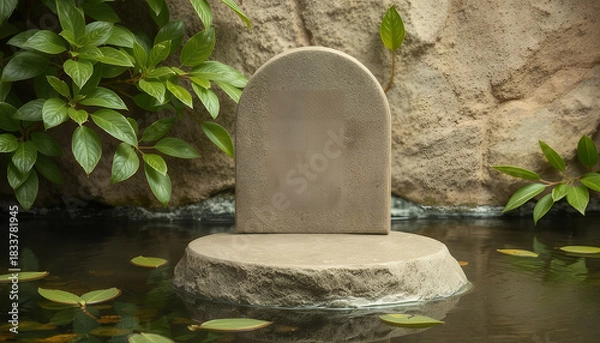 Fototapeta Ancient stone monument standing in a tranquil pond with lush green foliage