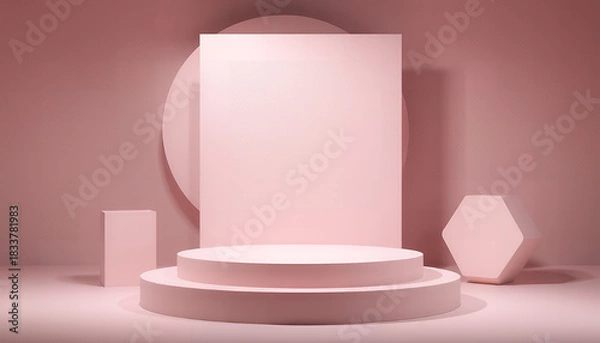 Fototapeta Minimalist pink geometric product display stage with soft lighting