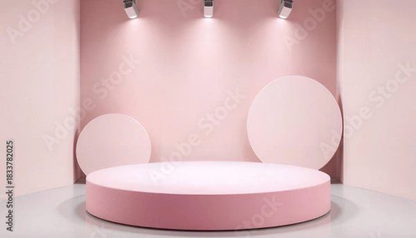 Fototapeta Empty pink pedestal stage with spotlight illumination and geometric shapes