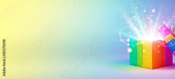 Obraz Colorful Gift Box Bursting With Sparkling Light on a Soft Rainbow Gradient Background
