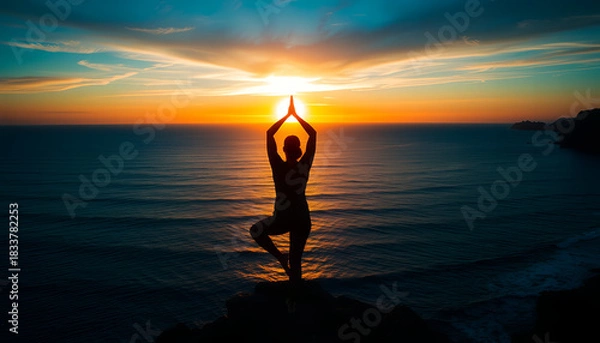 Fototapeta Silhouette of a person practicing yoga tree pose at sunset on a rocky shore