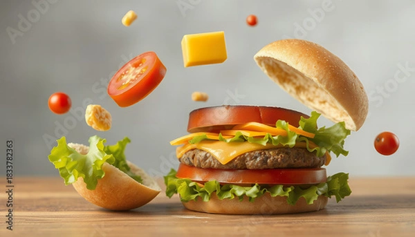 Fototapeta Deconstructed burger with floating ingredients and cheese