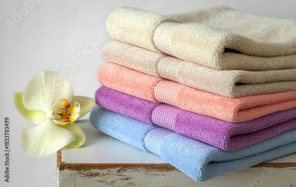 Obraz Soft stacked towels with orchid blossom