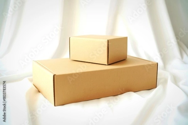 Obraz Two cardboard boxes stacked on a white fabric background