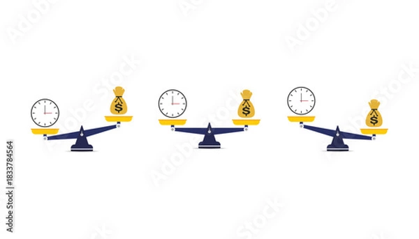 Fototapeta Three sets of balance scales weighing clocks against bags of money, illustrating the time-money tradeoff and resource management choices.