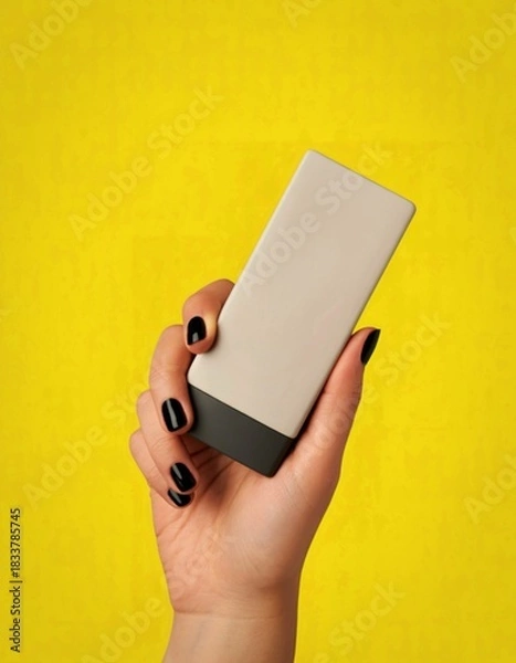 Obraz Hand holding a rectangular object against a yellow background