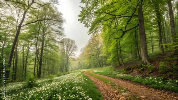 Fototapeta Dirt path through a lush green spring forest