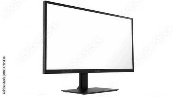 Fototapeta A black computer monitor with a blank white screen displayed on a black stand on a black surface on transparent background