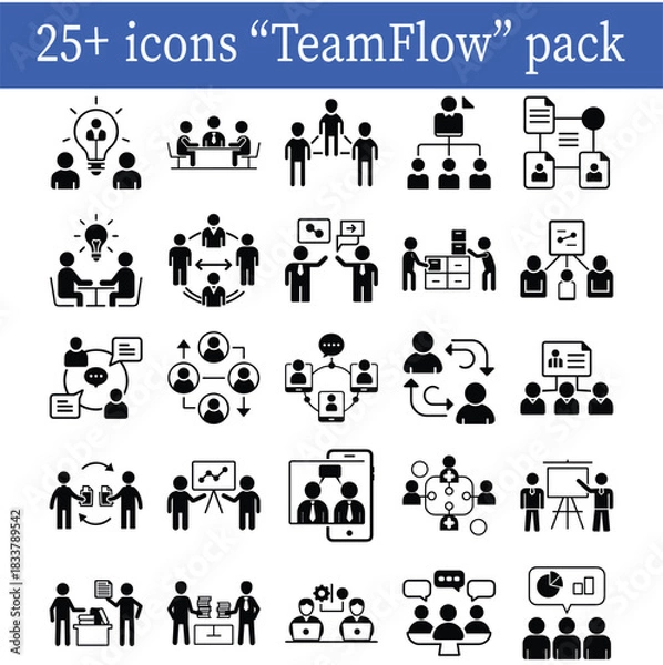 Obraz Office Collaboration Icons Teamwork, Communication, Group Workflow Silhouette Vector Pack.