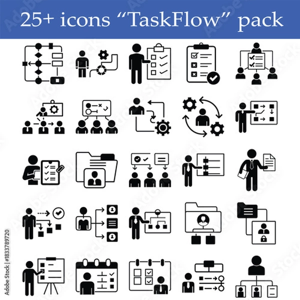 Obraz Project Management Icons Workflow, Task Planning, Timeline, Strategy Silhouette Vector Pack