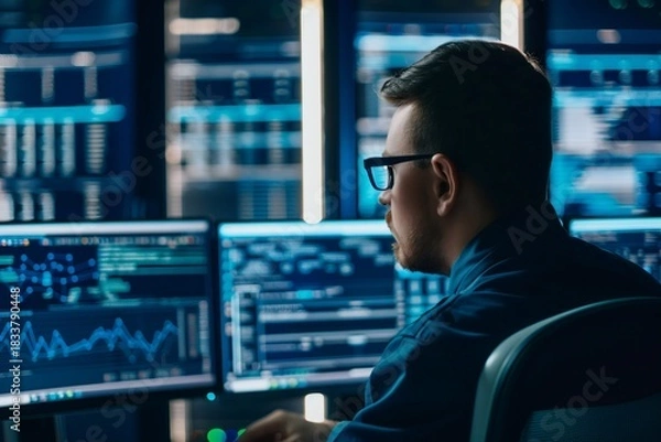 Fototapeta It professional working on multiple monitors analyzing data