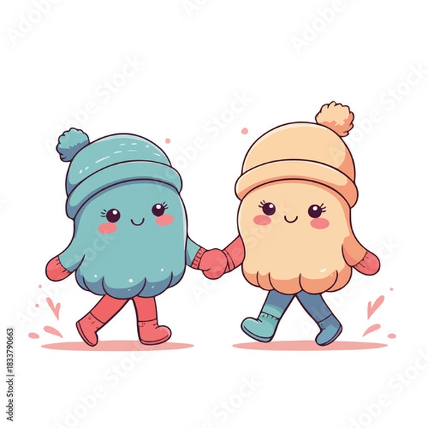 Obraz two adorable mitten characters holding hands while walking