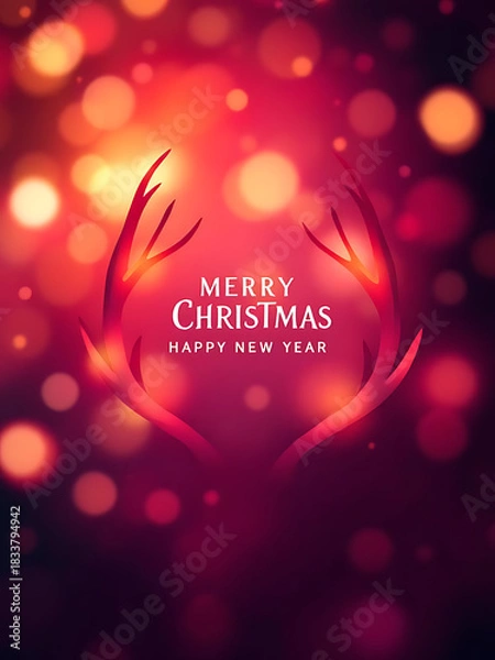 Obraz Elegant Glowing Reindeer Antlers Silhouette on Deep Red and Gold Bokeh Background for Christmas Greeting