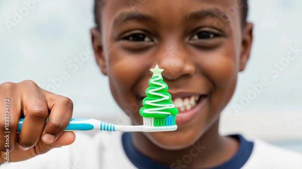 Obraz Young black boy smiling while holding toothbrush with green toothpaste  