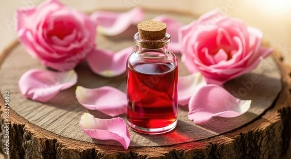 Obraz Small glass bottle of red essential oil with cork stopper surrounded by pink rose petals on rustic wooden surface
