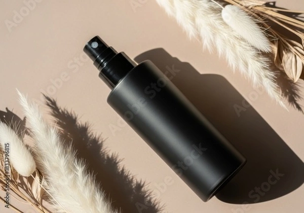Obraz Matte black cosmetic spray bottle on beige background with dried botanicals and soft shadows
