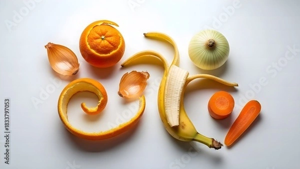 Fototapeta Fresh fruit and vegetable peels composition on white background for composting.