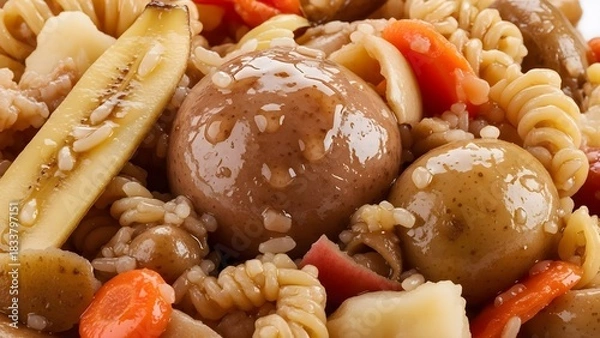Fototapeta Close-up of Wasted Cooked Food. Mixed Scraps, Pasta, and Vegetables Ready for Disposal.