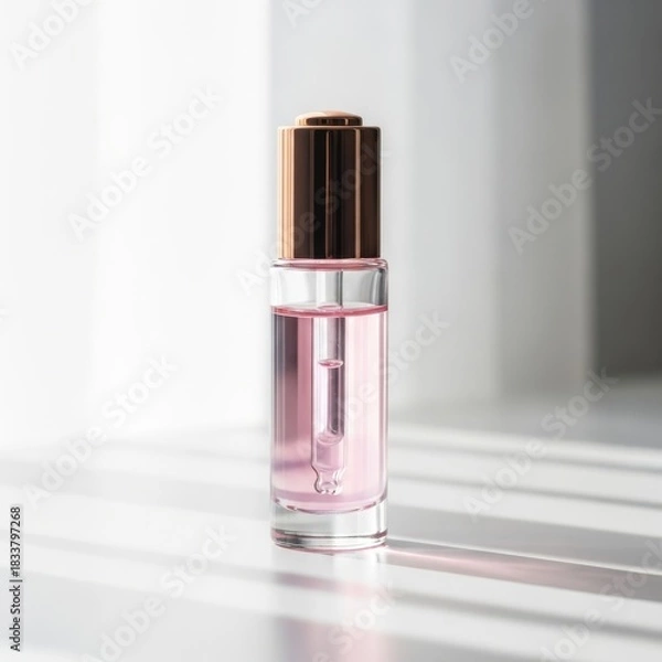 Obraz Elegant glass cosmetic serum bottle with pink liquid and metallic cap in soft natural light
