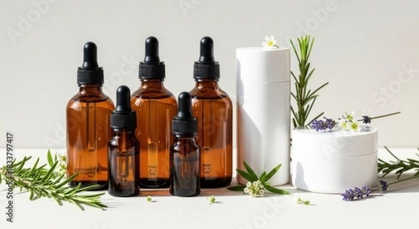 Obraz Amber glass dropper bottles with white cosmetic jars and natural herbs on light background, organic skincare packaging display
