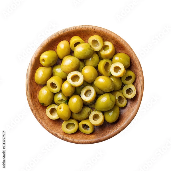 Fototapeta Pickled olives slices in a wooden bowl, isolated on white background. Top view