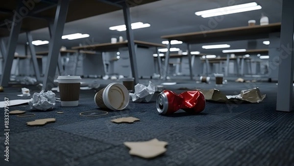 Fototapeta Messy office floor with trash, discarded coffee cups, and crumpled paper.