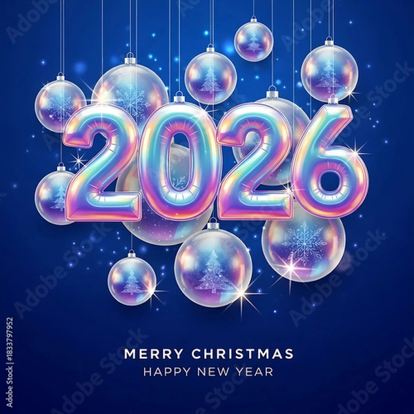 Obraz Iridescent 2026 New Year Balloons with Hanging Transparent Christmas Ornaments on Dark Blue Sparkle Background