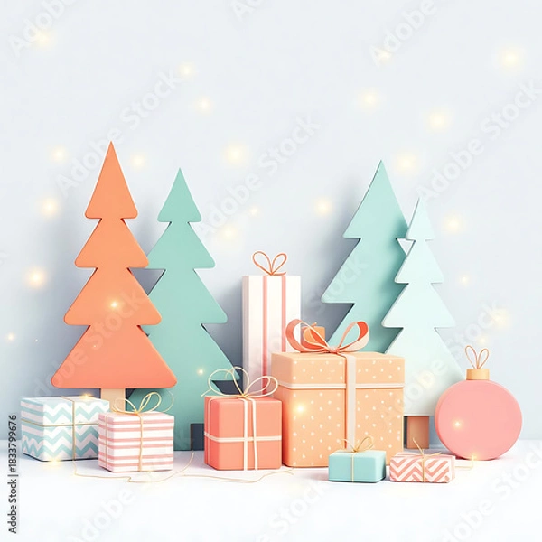 Obraz Pastel Christmas and Holiday Gifts Display with Stylized Paper Trees and Glowing Lights