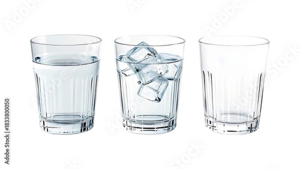 Obraz Progression of Water in Three Glasses: Half-Full, Ice Cubes, and Empty, Isolated on Transparent Background