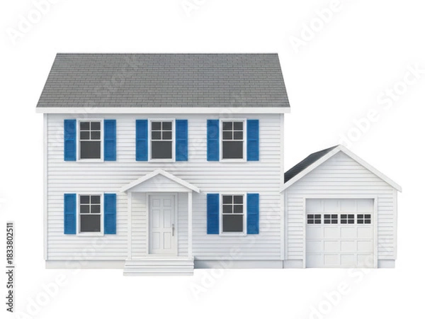 Fototapeta Classic white two-story house with blue shutters and attached garage model