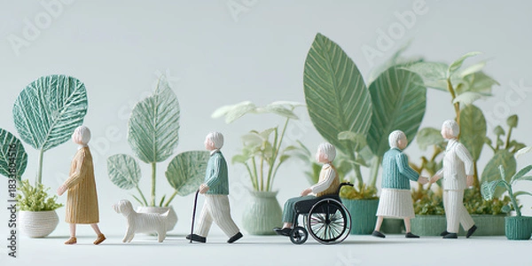 Obraz 車椅子と人々が過ごすやさしい時間の風景（3D・ペーパークラフト）／まみおデザイン福祉シリーズ
