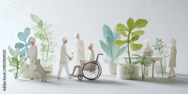 Obraz 車椅子と人々が過ごすやさしい時間の風景（3D・ペーパークラフト）／まみおデザイン福祉シリーズ

