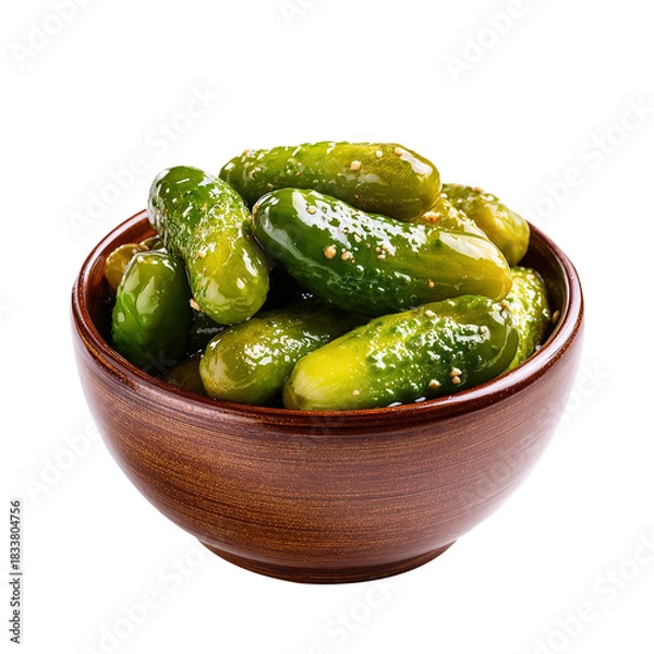 Fototapeta pickled cucumbers in a wooden bowl, isolated on white background.