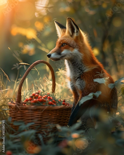 Fototapeta A fox sitting in the grass beside a basket of berries in warm golden sunlight