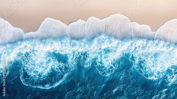 Obraz blue sea ​​water waves on beach sand background, foam, splash