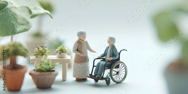 Obraz 車椅子の高齢者と付き添い人のやさしい時間（3D）／まみおデザイン福祉シリーズ
