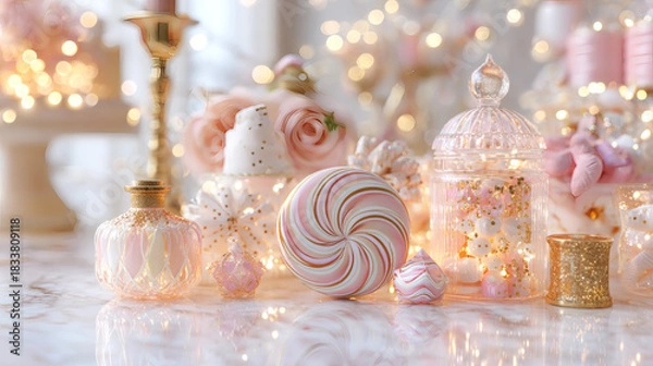 Fototapeta Luxury Pastel Candy Display with Glass Glitter Decor and Soft Bokeh Lights