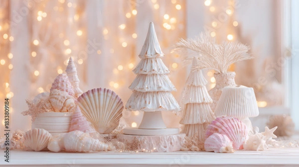 Fototapeta Soft Pastel Coastal Christmas Display with White Seashells and Snow Trees
