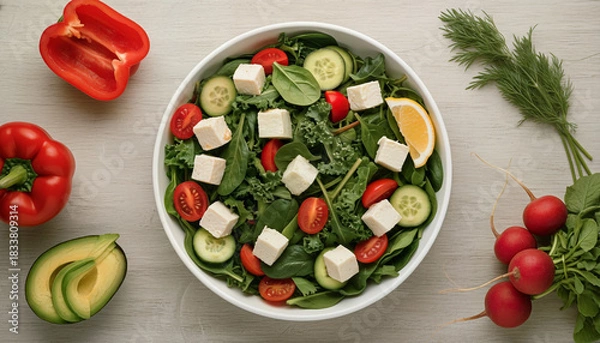 Obraz Overhead shot of a vibrant and healthy chicken salad bowl arrangement