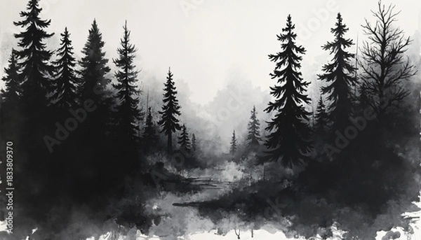 Obraz Monochromatic Forest Landscape with Stream