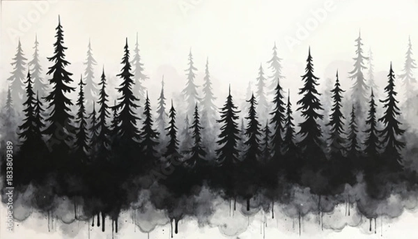 Obraz Monochromatic Evergreen Forest Silhouette