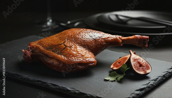 Obraz Dramatic Confit de Canard Presentation with Pickled Figs and Fresh Coriander Garnish